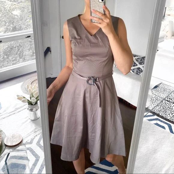 MAKALU TAUPE MIDI BELTED SKATER DRESS